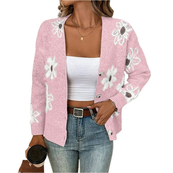 dGslk Women's New Autum And Winter Flower Pattern Button Front Cardigan Sweater Coat Pink 2XL