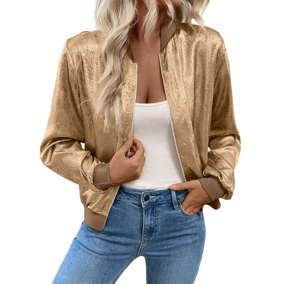 dGslk Women's Shiny Satin Bomber Jacket Lightweight Zip Up Casual Outerwear Long Sleeve Fashion Coat Yellow 2XL