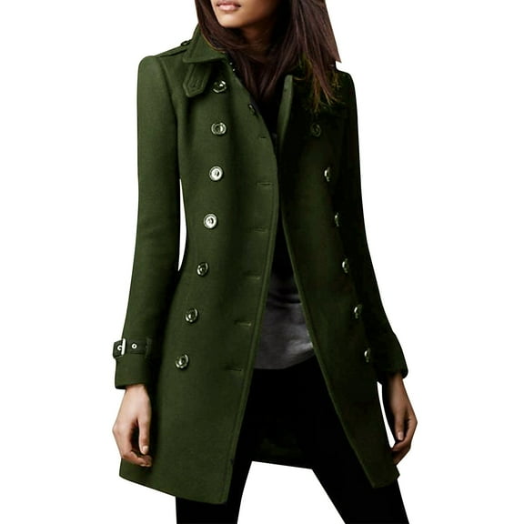 dGslk Women's Solid Color Button Lapel Woolen Button Long Sleeved Jacket Army Green L