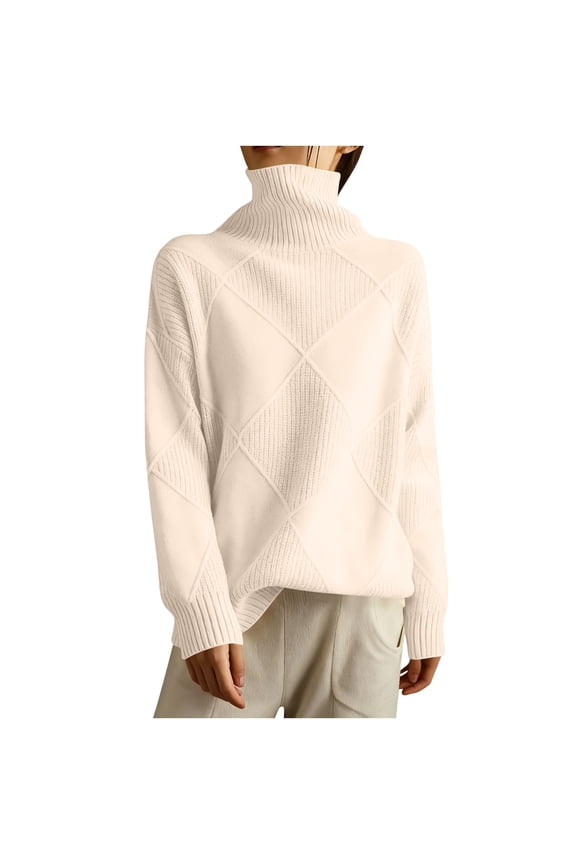 Women’s Turtleneck Pullover Sweater Long Sleeve Knitted Top Loose Fit Diamond Pattern Ribbed Design Soft Material Beige L
