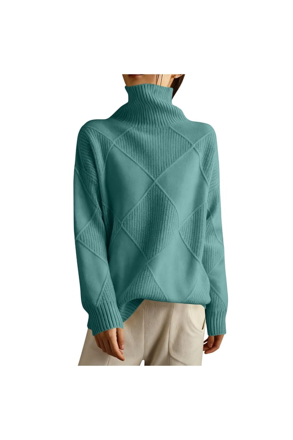 Women’s Turtleneck Pullover Sweater Long Sleeve Knitted Top Loose Fit Diamond Pattern Ribbed Design Soft Material Green 2XL