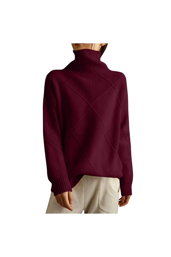 Women’s Turtleneck Pullover Sweater Long Sleeve Knitted Top Loose Fit Diamond Pattern Ribbed Design Soft Material Wine M