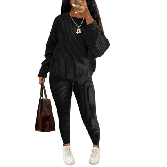 dGslk Women’s Two Piece Knit Sweater Set Long Sleeve Pullover Top and High Waist Pants Casual Lounge Outfits for Fall Winter Black 2XL