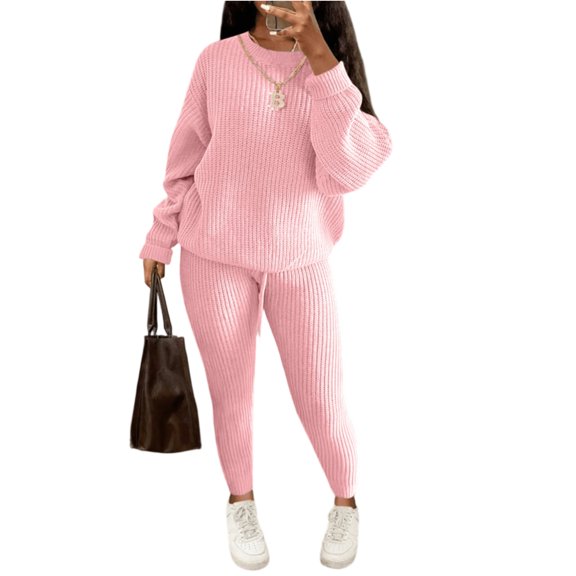 dGslk Women’s Two Piece Knit Sweater Set Long Sleeve Pullover Top and High Waist Pants Casual Lounge Outfits for Fall Winter Pink L