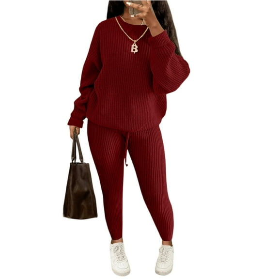 dGslk Women’s Two Piece Knit Sweater Set Long Sleeve Pullover Top and High Waist Pants Casual Lounge Outfits for Fall Winter Wine S