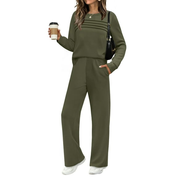 dGslk Women’s Two Piece Long Sleeve Lounge Set Soft Pullover Top and Wide Leg Pants Casual Relaxed Fit Loungewear for Daily Wear Army Green S