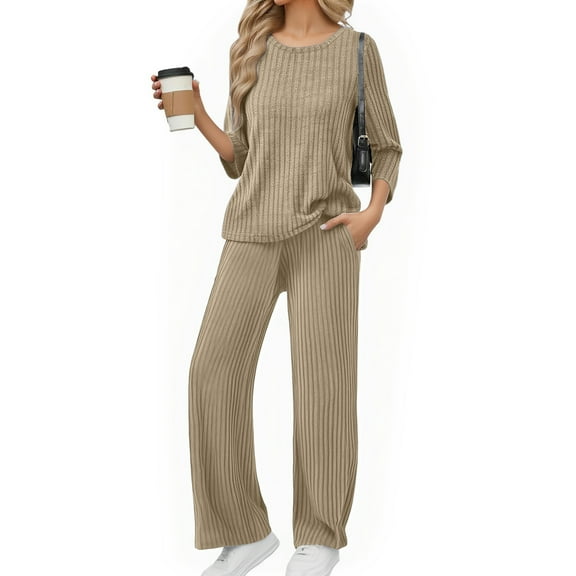 dGslk Women’s Two Piece Lounge Set Long Sleeve Ribbed Top and Wide Leg Pants Soft Comfy Loungewear Outfits for Relaxing Beige M