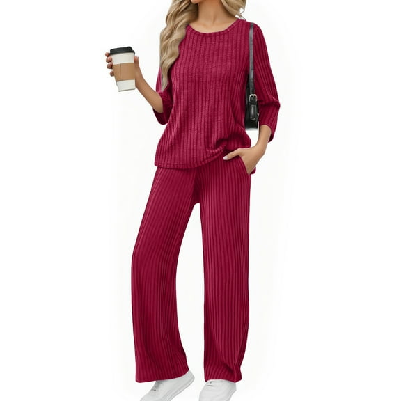 dGslk Women’s Two Piece Lounge Set Long Sleeve Ribbed Top and Wide Leg Pants Soft Comfy Loungewear Outfits for Relaxing Hot Pink L