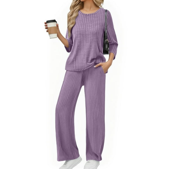dGslk Women’s Two Piece Lounge Set Long Sleeve Ribbed Top and Wide Leg Pants Soft Comfy Loungewear Outfits for Relaxing Purple M
