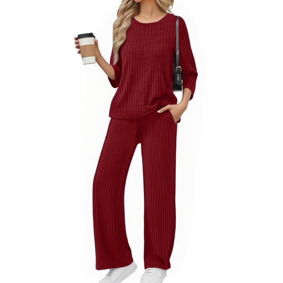 dGslk Women’s Two Piece Lounge Set Long Sleeve Ribbed Top and Wide Leg Pants Soft Comfy Loungewear Outfits for Relaxing Wine L