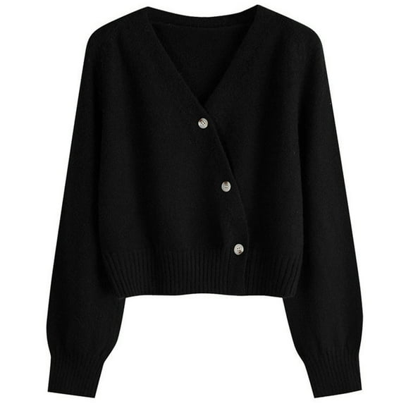 dGslk Women’s V Neck Long Sleeve Knit Cardigan Sweater with Button Closure Relaxed Fit Ribbed Hem and Cuffs Soft Material Black One Size
