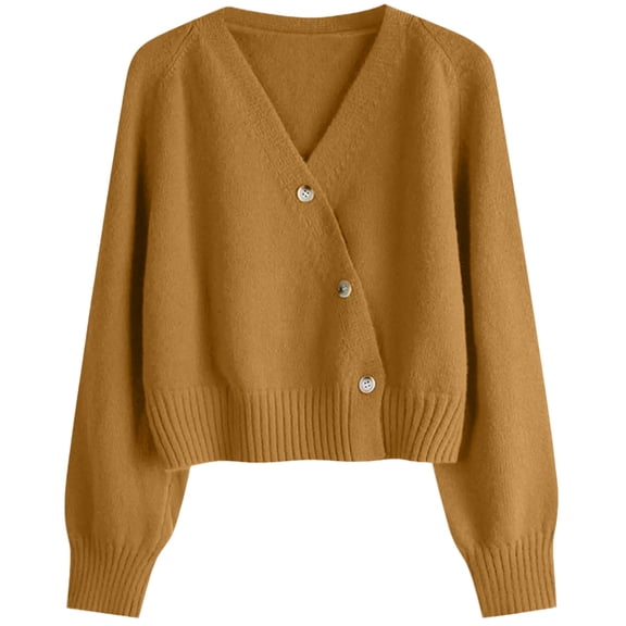 dGslk Women’s V Neck Long Sleeve Knit Cardigan Sweater with Button Closure Relaxed Fit Ribbed Hem and Cuffs Soft Material Brown One Size