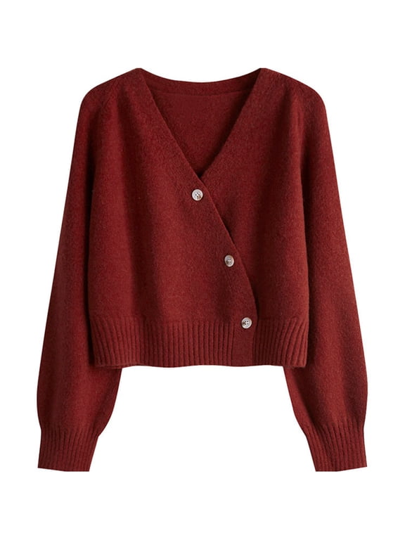 Women’s V Neck Long Sleeve Knit Cardigan Sweater with Button Closure Relaxed Fit Ribbed Hem and Cuffs Soft Material Red One Size