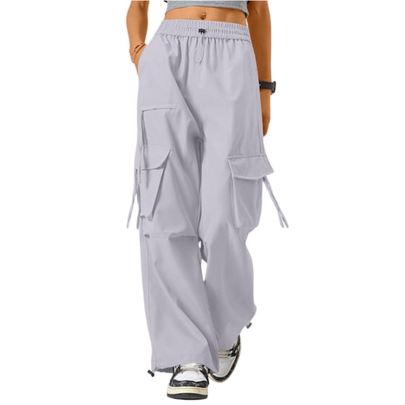 dGslk Women’s Wide Leg Cargo Pants High Waist Loose Fit Drawstring Trousers with Pockets Casual Streetwear for All Seasons Light Gray M