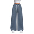 thumbnail image 1 of dGslk Women’s Wide Leg Denim Pants High Waisted Loose Fit Drawstring Waist Casual Trousers with Pockets for Daily Wear Dark Blue L, 1 of 2