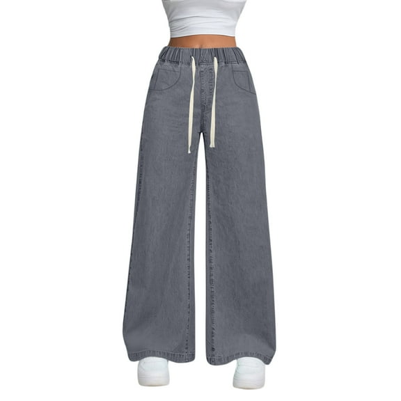 dGslk Women’s Wide Leg Denim Pants High Waisted Loose Fit Drawstring Waist Casual Trousers with Pockets for Daily Wear Gray S