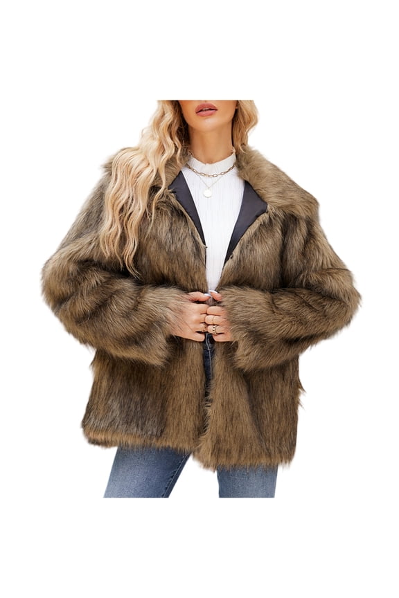 Women's Winter Fashion Casual Lapel Plush Mid-length Coat Brown M