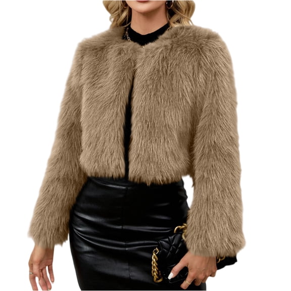 dGslk Women's Winter Fashion Casual Short Round Collarless Ladies Faux Fr Plush Coat Light Brown XL