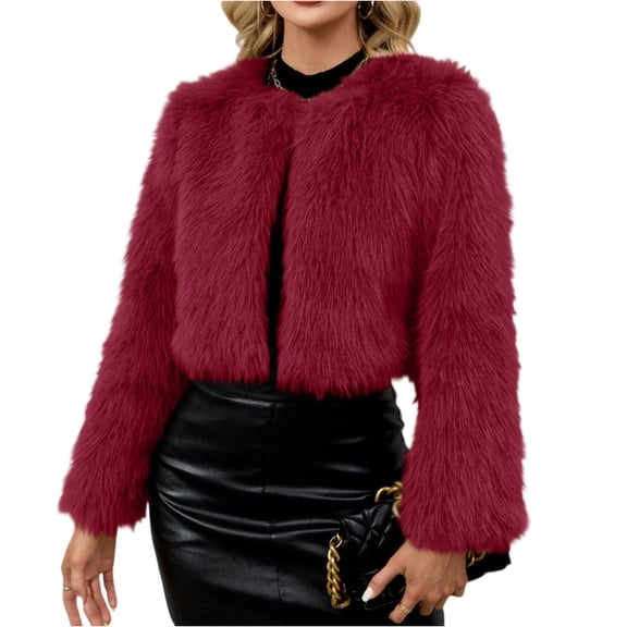 dGslk Women's Winter Fashion Casual Short Round Collarless Ladies Faux Fr Plush Coat Wine L