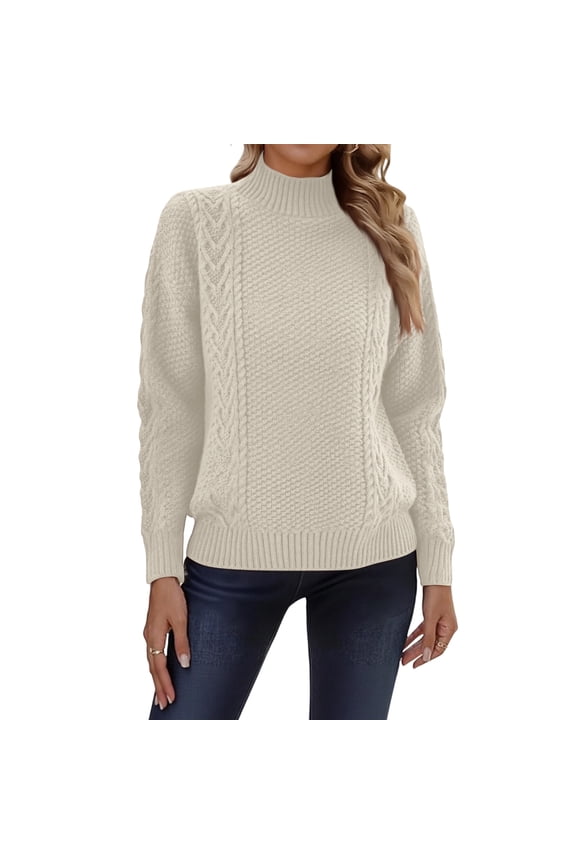 Women's Winter Half-high Round Neck Cable-knitted Slit Bottoming Sweater Beige M
