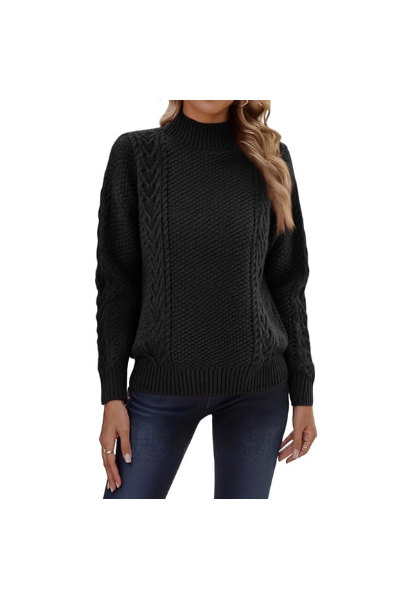 Women's Winter Half-high Round Neck Cable-knitted Slit Bottoming Sweater Black M