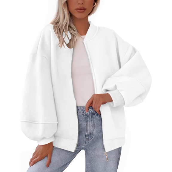 dGslk Women's Winter Zipper Sweatshirt Jacket Casual Long Sleeve Bombr Coat White M