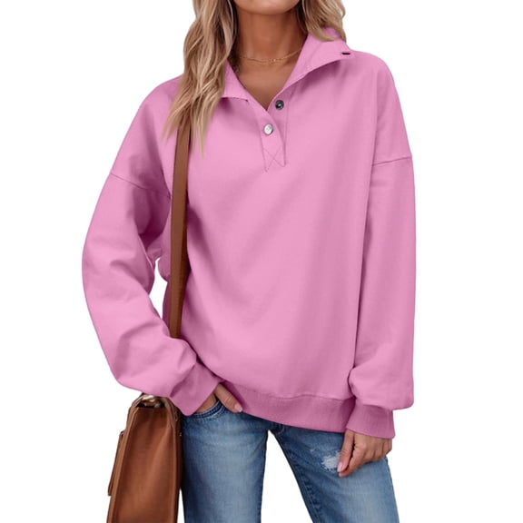 dGslk Womens Casual Long Sleeve Pullover Sweatshirt with Button Collar Loose Fit Tops for Everyday Comfort and Style Pink 2XL