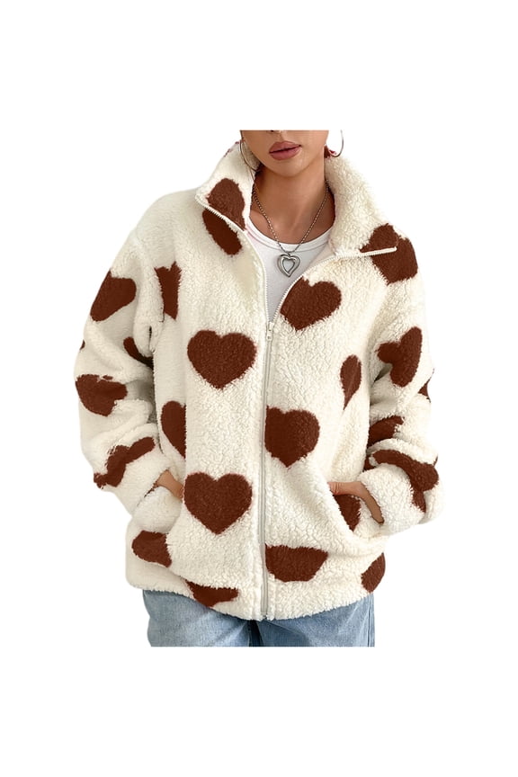 Womens Fleece Full Zip Jacket with Heart Pattern Long Sleeve Stand Collar Soft Sherpa Outerwear Casual Warm Coat Khaki XL