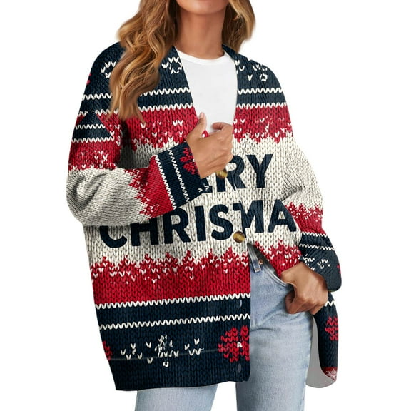 dGslk Womens Knit Cardigan Sweater Merry Christmas Letter Print Long Sleeve Open Front Casual Loose Fit Holiday Pullover Beige S