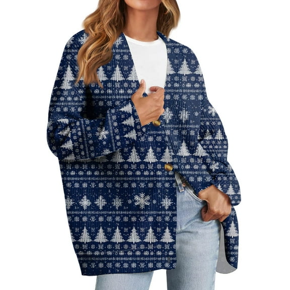 dGslk Womens Knit Cardigan Sweater Merry Christmas Letter Print Long Sleeve Open Front Casual Loose Fit Holiday Pullover Dark Blue S
