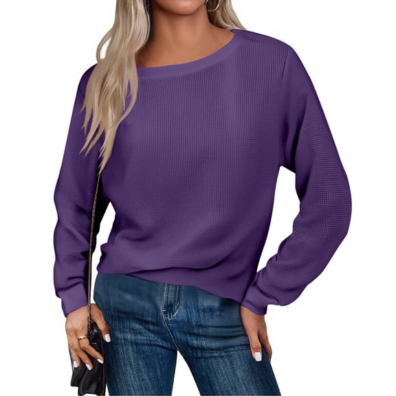 dGslk Womens Long Sleeve Knit Pullover Sweater Casual Loose Fit Crew Neck Soft Lightweight Top for Ladies Autumn Winter Purple S