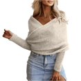 thumbnail image 1 of dGslk Womens Off Shoulder Sweater Wrap Knit Pullover Long Sleeve Casual Loose Fit Top for Autumn Winter Layering Style Beige L, 1 of 7
