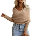 thumbnail image 1 of dGslk Womens Off Shoulder Sweater Wrap Knit Pullover Long Sleeve Casual Loose Fit Top for Autumn Winter Layering Style Khaki M, 1 of 7