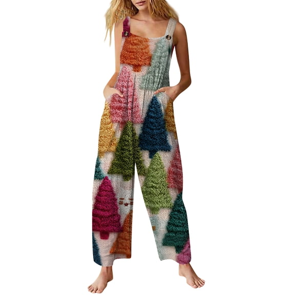 dGslk Womens Sleeveless Wide Leg Overalls Printed Casual Loose Jumpsuit with Pockets Adjustable Strap Comfortable Romper Multicolor F M