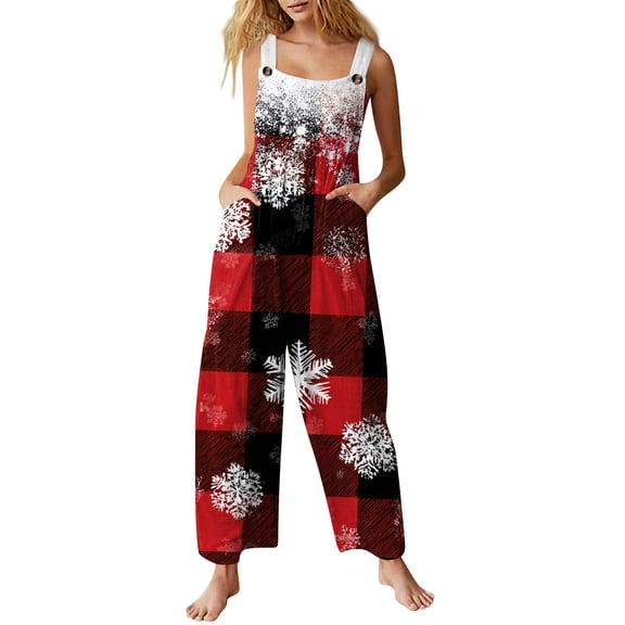 dGslk Womens Sleeveless Wide Leg Overalls Printed Casual Loose Jumpsuit with Pockets Adjustable Strap Comfortable Romper Red E XL
