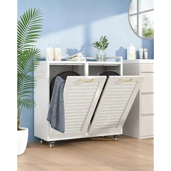 dOUBLE tILT oUT lAUNDRY hAMPER cABINET WITH 2 rEMOVABLE bASKETS, 33 gALLON125l, mETAL fRAME WITH lOCKING wHEELS, lAUNDRY cABINET FOR lAUNDRY rOOM, kITCHEN, bATHROOM, 36.2" X 13.8" X 32.9", wHITE