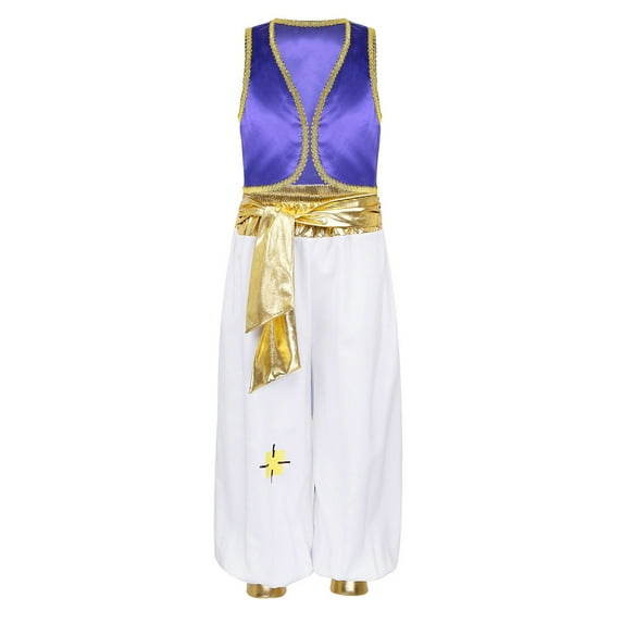 dPois 2-Piece Boys Arabian Prince Outfit Arab Folk Hero Pretend Pant Suits Kids Halloween Dressy Vest Dark Purple 6
