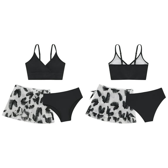 dPois 3 Pcs Swimsuit for Big GIrls Floral Bikini Top Brief with Swim Coverup Skirts Bathing Suit Black 11-12Y
