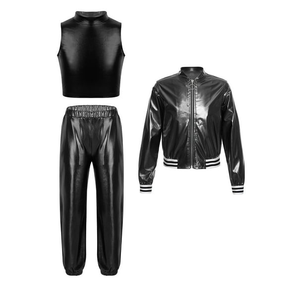 dPois 3Pcs Girls Metallic Hip Hop Dance Outfits Shiny Crop Top with Bomber Jacket and Pants Set Black 10