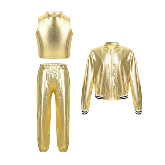 dPois 3Pcs Girls Metallic Hip Hop Dance Outfits Shiny Crop Top with Bomber Jacket and Pants Set Gold 14