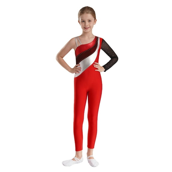 dPois Full Body Gymnastics Leotards for Girls Sparkle Ballet Dance Unitards One-Piece Skating Red 12