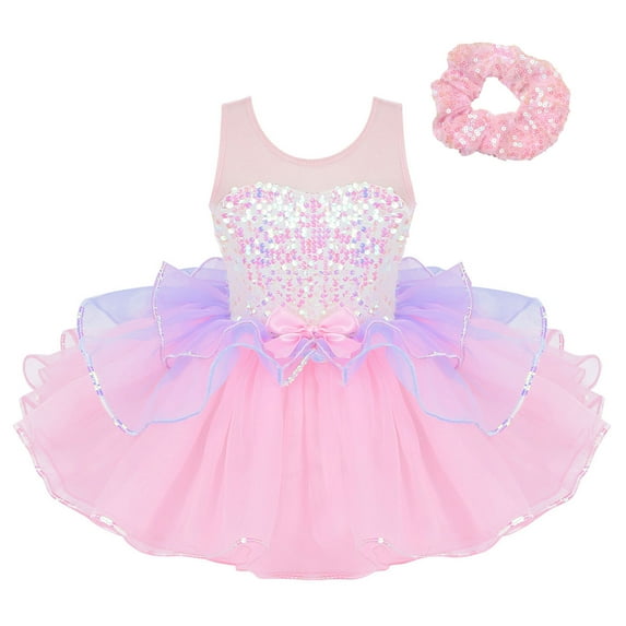 dPois Girls Ballet Dance Costume Kids Shiny Sequins Princess Costumes Mesh Tutu Dress with Hair Tie Pink 14