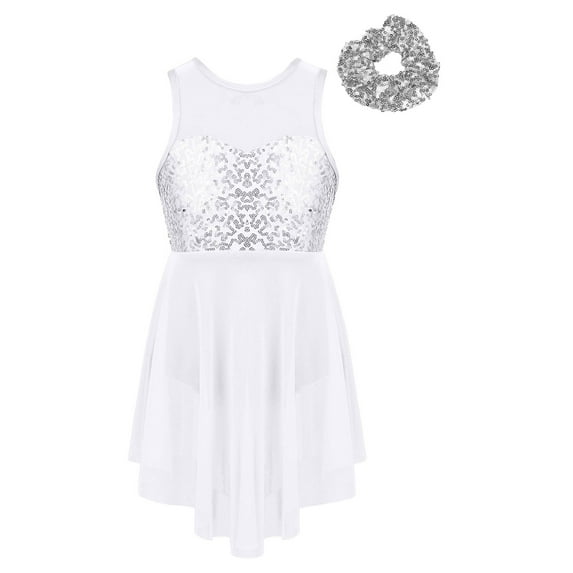 dPois Girls Cross Back Shinny Ballet Dance Dress Sleeveless Sequin Leotard Tutu Skirt for Kids White 12
