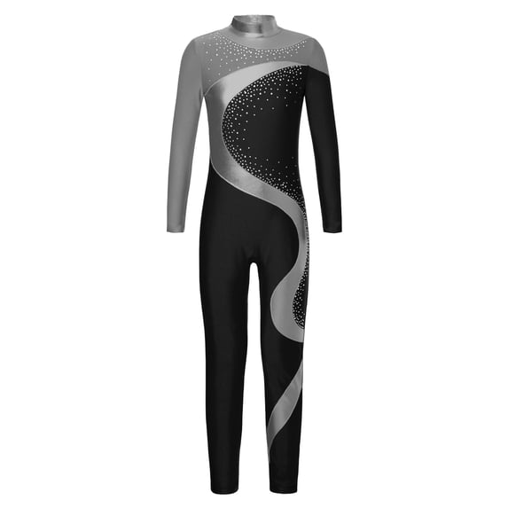 dPois Girls Figure Skating Jumpsuit Shiny Rhinestone Gymnastics Leotard Full Body Ballet Dance Gray&Black 14
