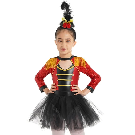 dPois Girls Halloween Circus Ringmaster Costume Tassel Sequin Dance Leotard Dress with Mini Top Hat Red 6