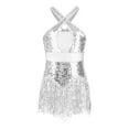 thumbnail image 1 of dPois Girls Halter Neck Sequin Tassel Latin Dance Dress Fringed Bodysuit Salsa Rumba Jazz Ballroom Silver 14, 1 of 6