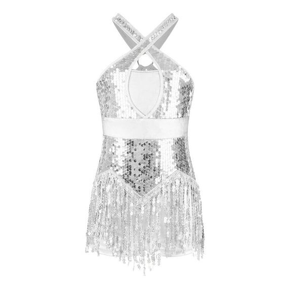 dPois Girls Halter Neck Sequin Tassel Latin Dance Dress Fringed Bodysuit Salsa Rumba Jazz Ballroom Silver 14