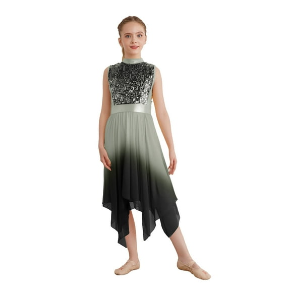 dPois Girls Lyrical Worship Tunic Dress Liturgical Mock Neck Sleeveless Sequined Bodice Gown Black 16