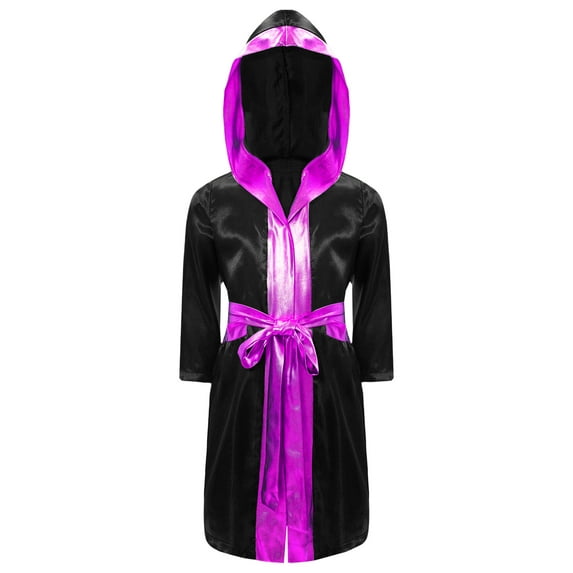 dPois Kids Boys Boxing Robe Costume Satin Long Hooded Hoodie Halloween Cosplay Costume Black&Hot Pink 16
