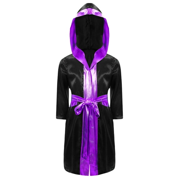 dPois Kids Boys Boxing Robe Costume Satin Long Hooded Hoodie Halloween Cosplay Costume Black&Purple 10